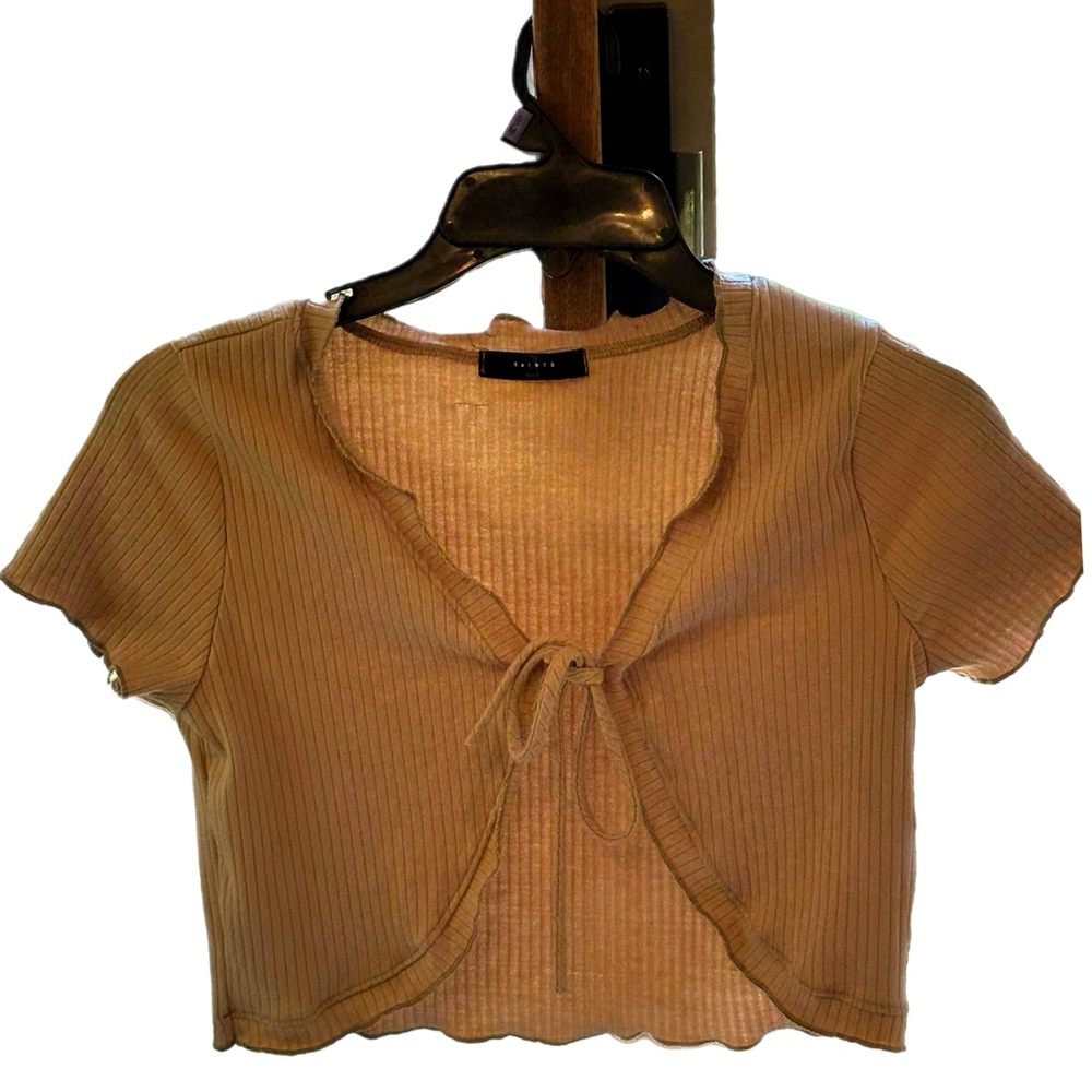2 Saints l Beige Ribbed Tie-Front Crop Top